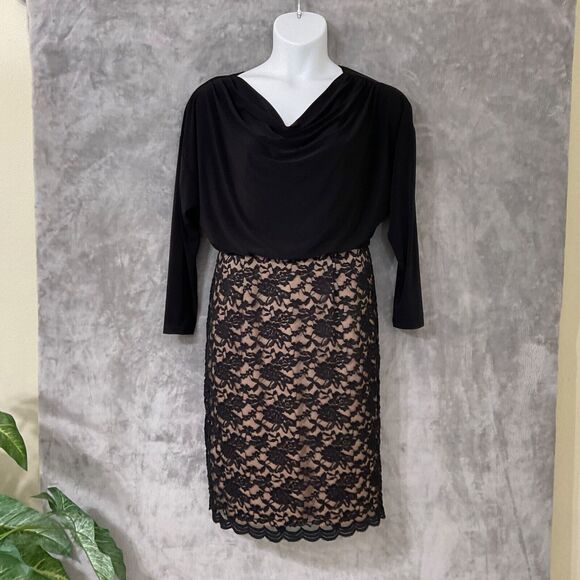 Coldwater Creek Blouson/Lace Cocktail party midi Dress women’s 12 Black L.S. - Picture 1 of 12